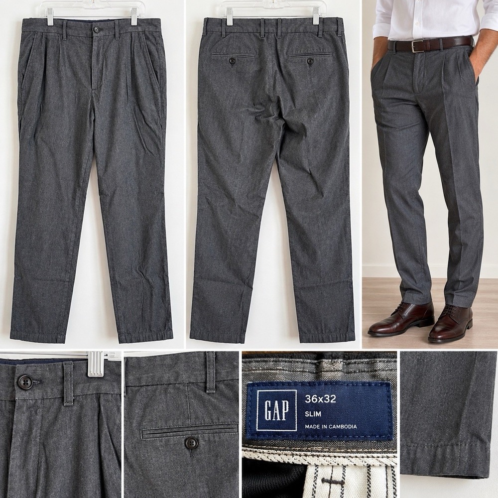 GAP Men’s Slim Pleated Dress Pants 36x32 Charcoal Gray Trousers